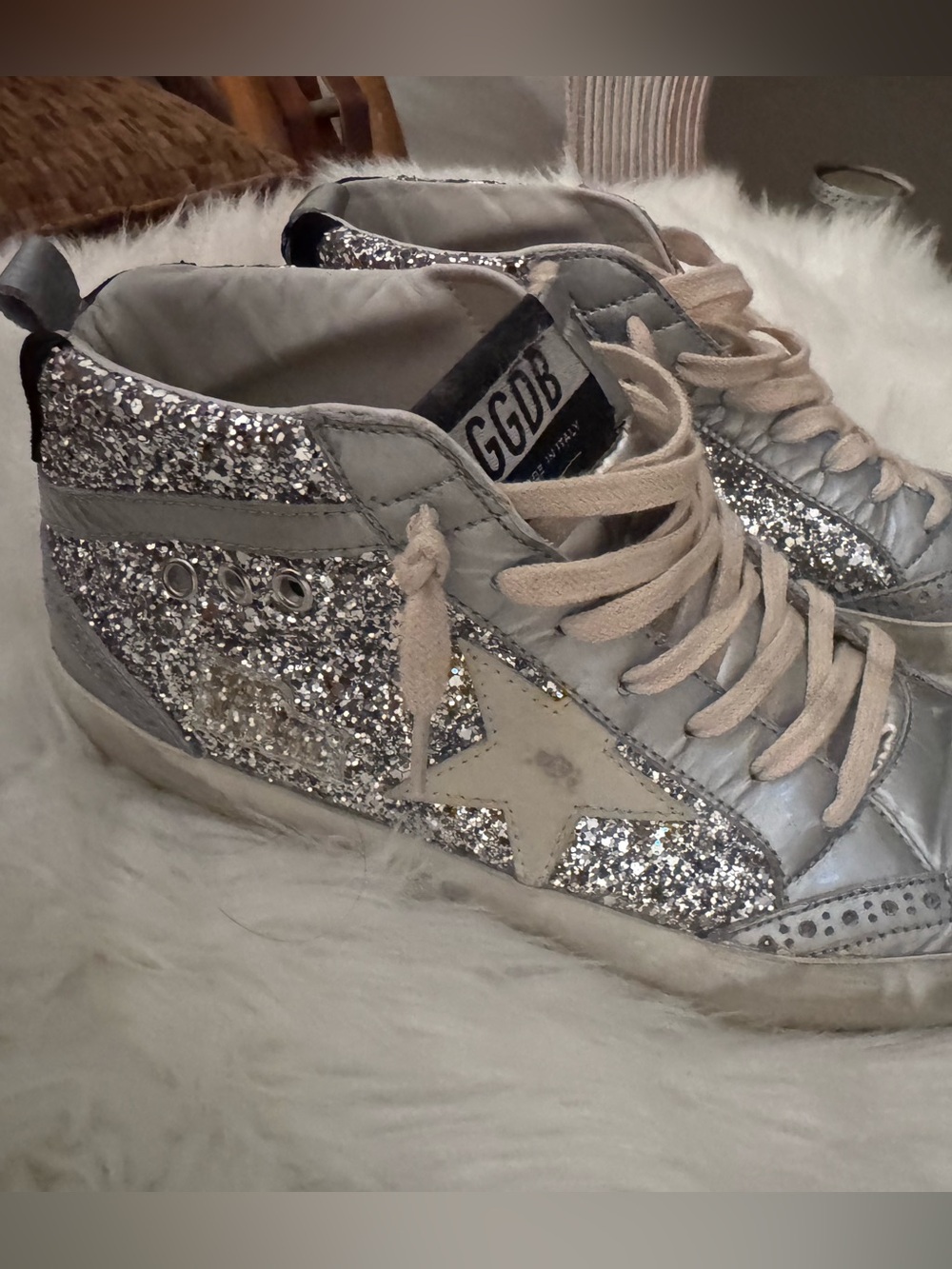 Golden Goose Silver Glitter Mid-Top Women's Sneakers